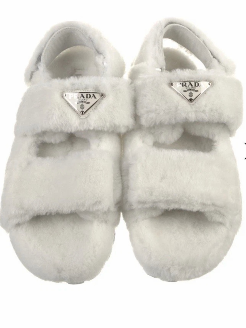 Prada Enameled Metal Triangle Faux Fur Slides White NIB & Dust Covers 38.5